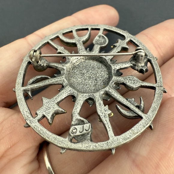Vintage JJ Jonette Signed Celestial Brooch Pin Pewter Gold Tone Sun Moon Stars - Picture 5 of 6